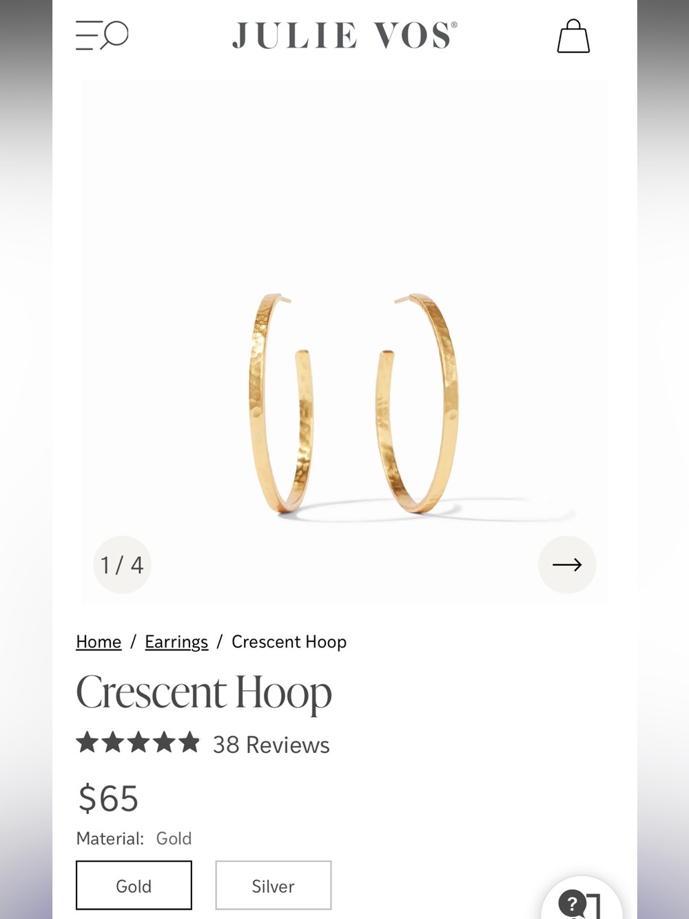 NWOT Julie Vos Crescent Gold Hammered Hoop Earrings